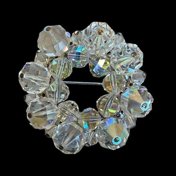 Vintage AB Crystal Bead Circle Brooch Pin 50’s - Picture 1 of 6
